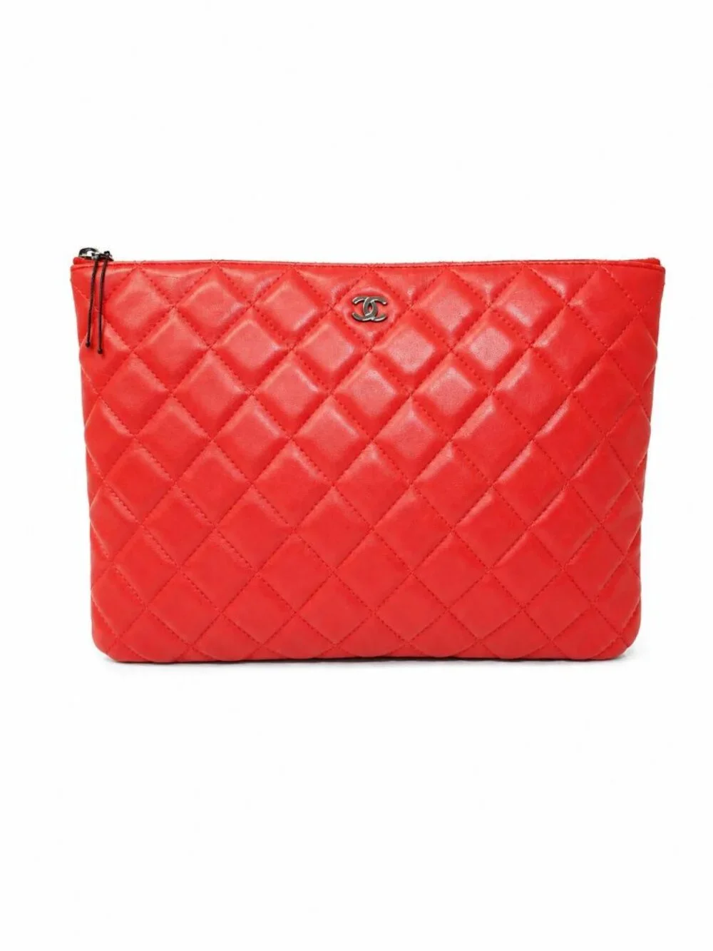 Authentic Chanel Large O Case Red Quilted Leather Clutch